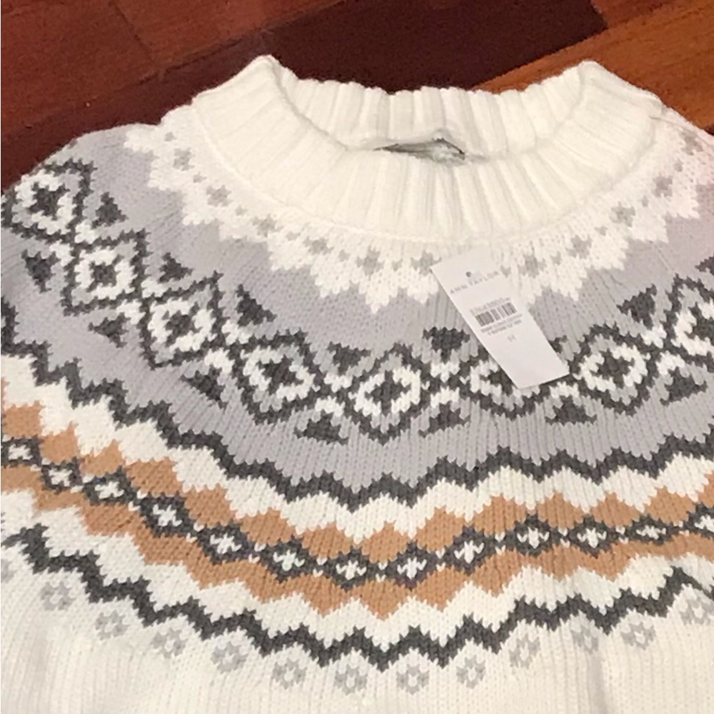 White Fair Isle Knit Sweater with Mustard and Gray Accents